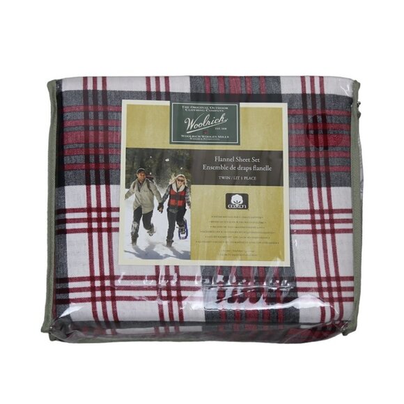 Woolrich Plaid Twin 3 Piece Cotton Flannel Sheet Set Red White - Picture 2 of 5